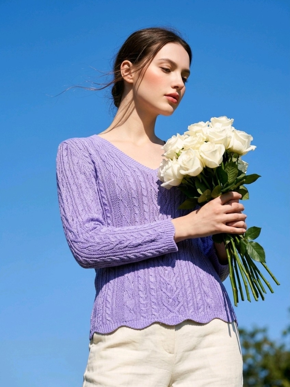 Ralph Lauren 100% Linen Lilac Open Cable-Knit V-Neck Sweater